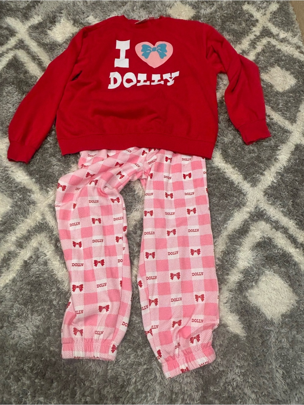 Dolly Parton Red sweatshirt with Pink Check Dolly Pajama / lounge Set